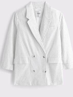 Abercrombie & Fitch Double Breasted Linen-Blend White Blazer With Pinstripes Med